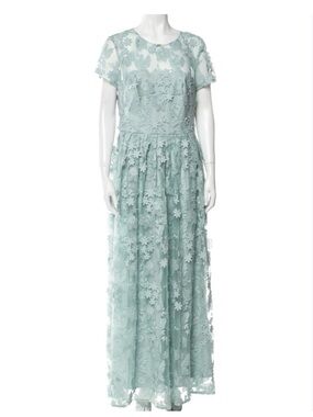 Monique Lhuillier Mint Green Lace Floral Maxi Dress